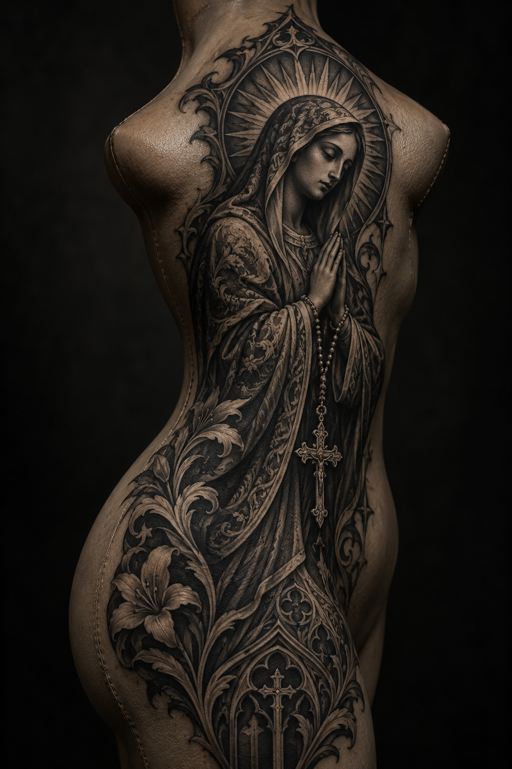 Virgin mary tattoo runs down the side gothic Christian tattoo idea