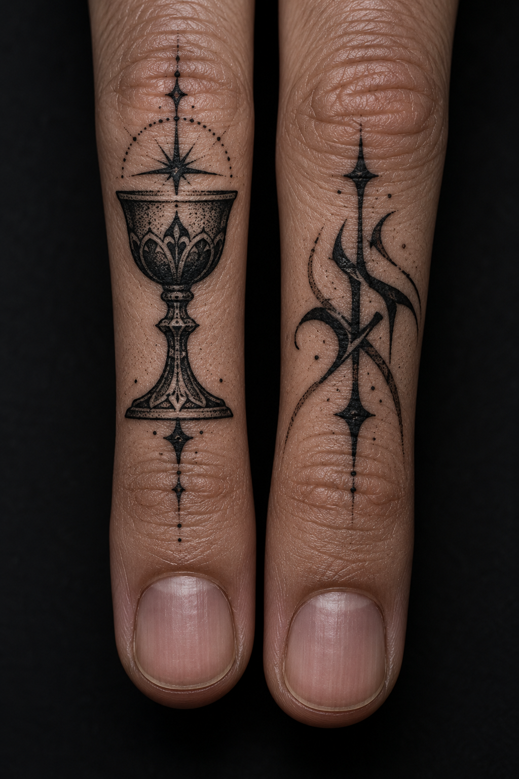 Finger tattoos with a chalice and initials gothic Christian tattoo idea