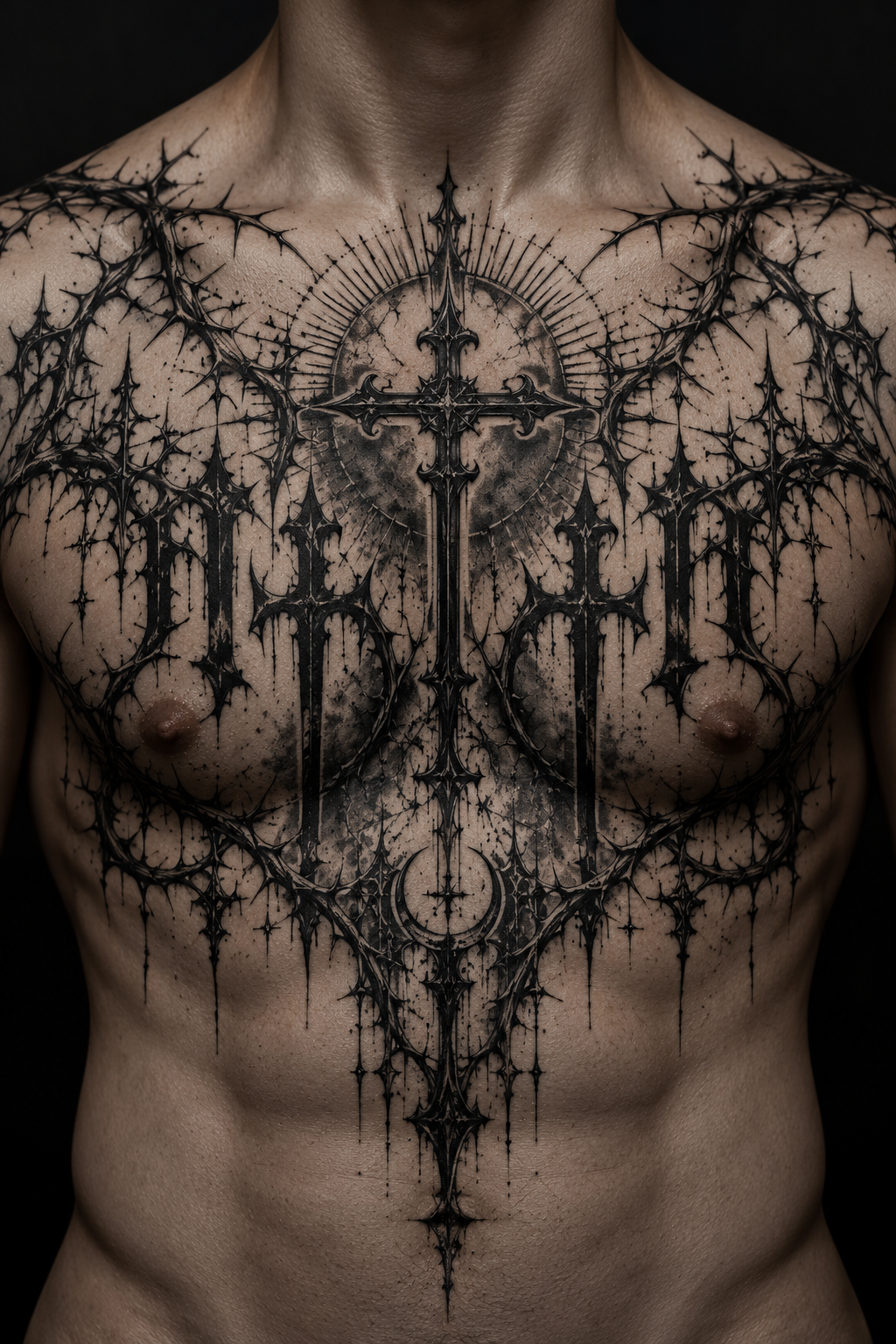 Domine lettering with thorns spans the chest gothic Christian tattoo idea