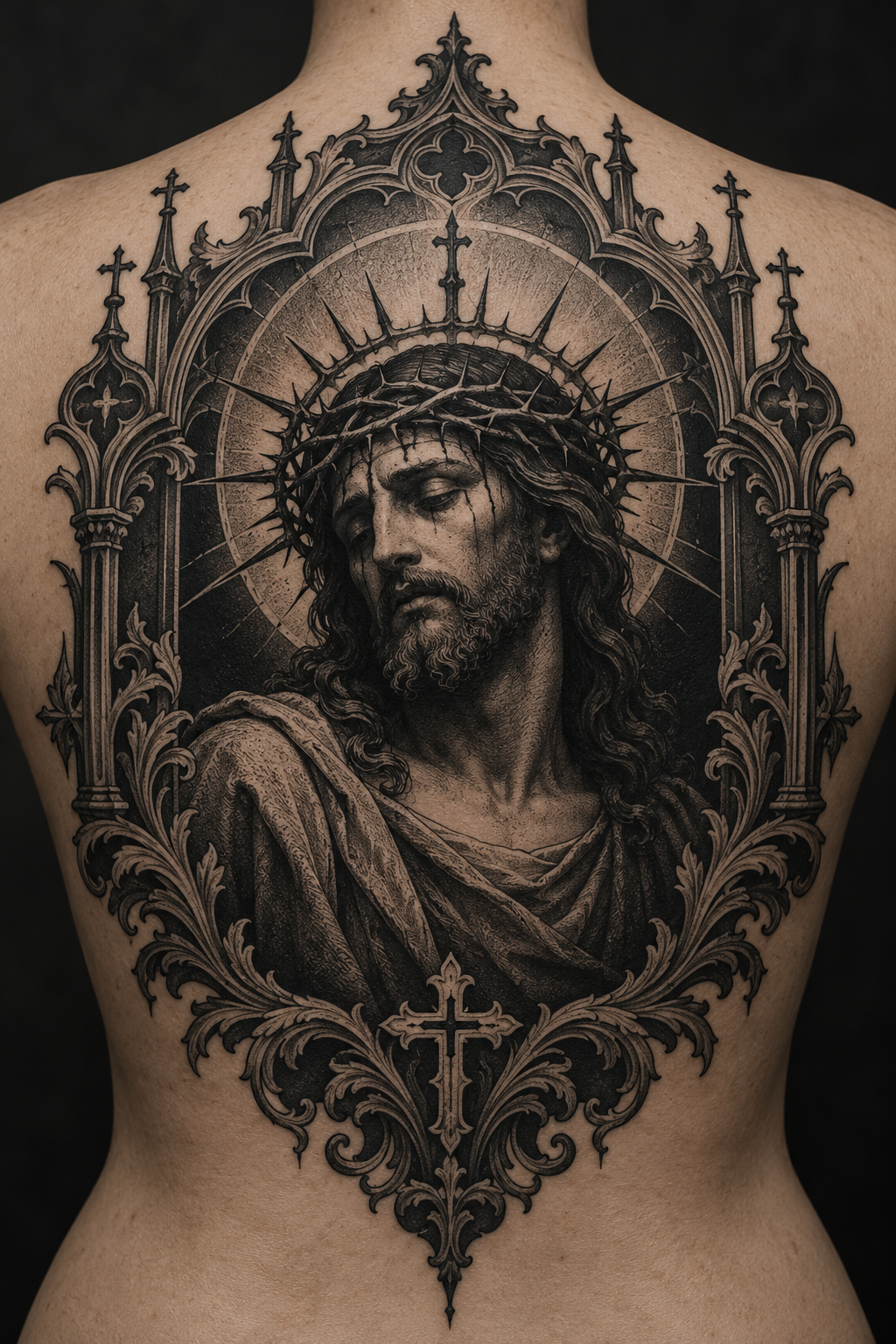 Framed portrait tattoo on the upper back gothic Christian tattoo idea
