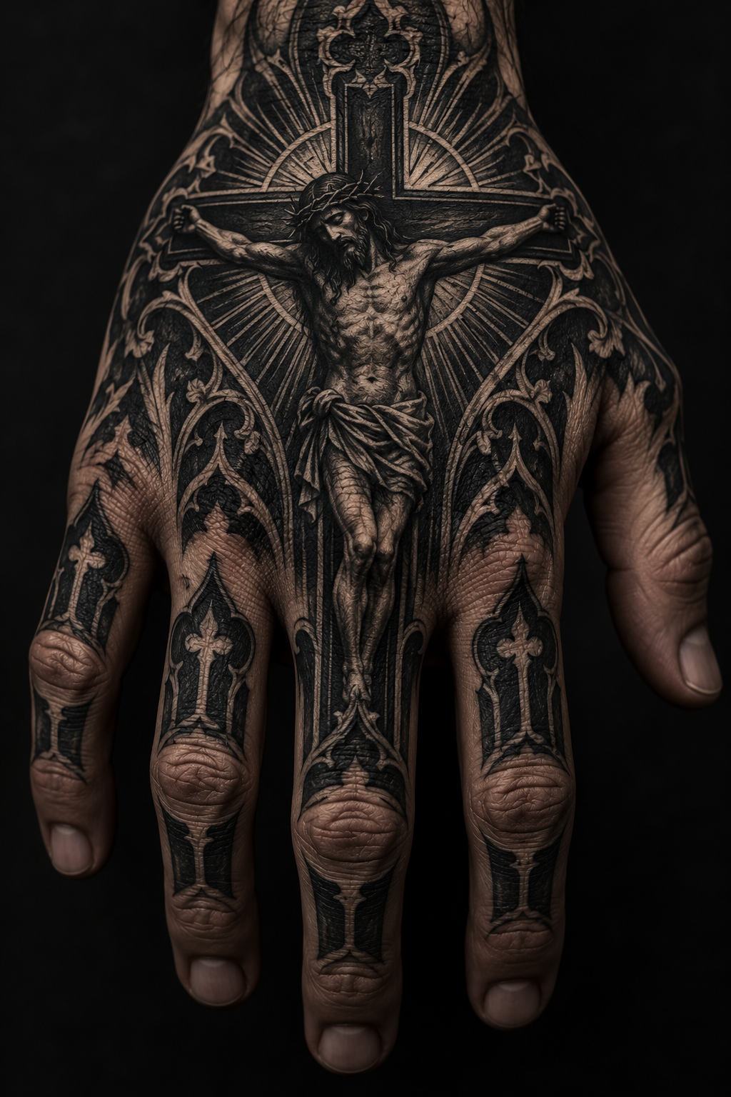 A large crucifix tattoo covers the back of the hand gothic Christian tattoo idea