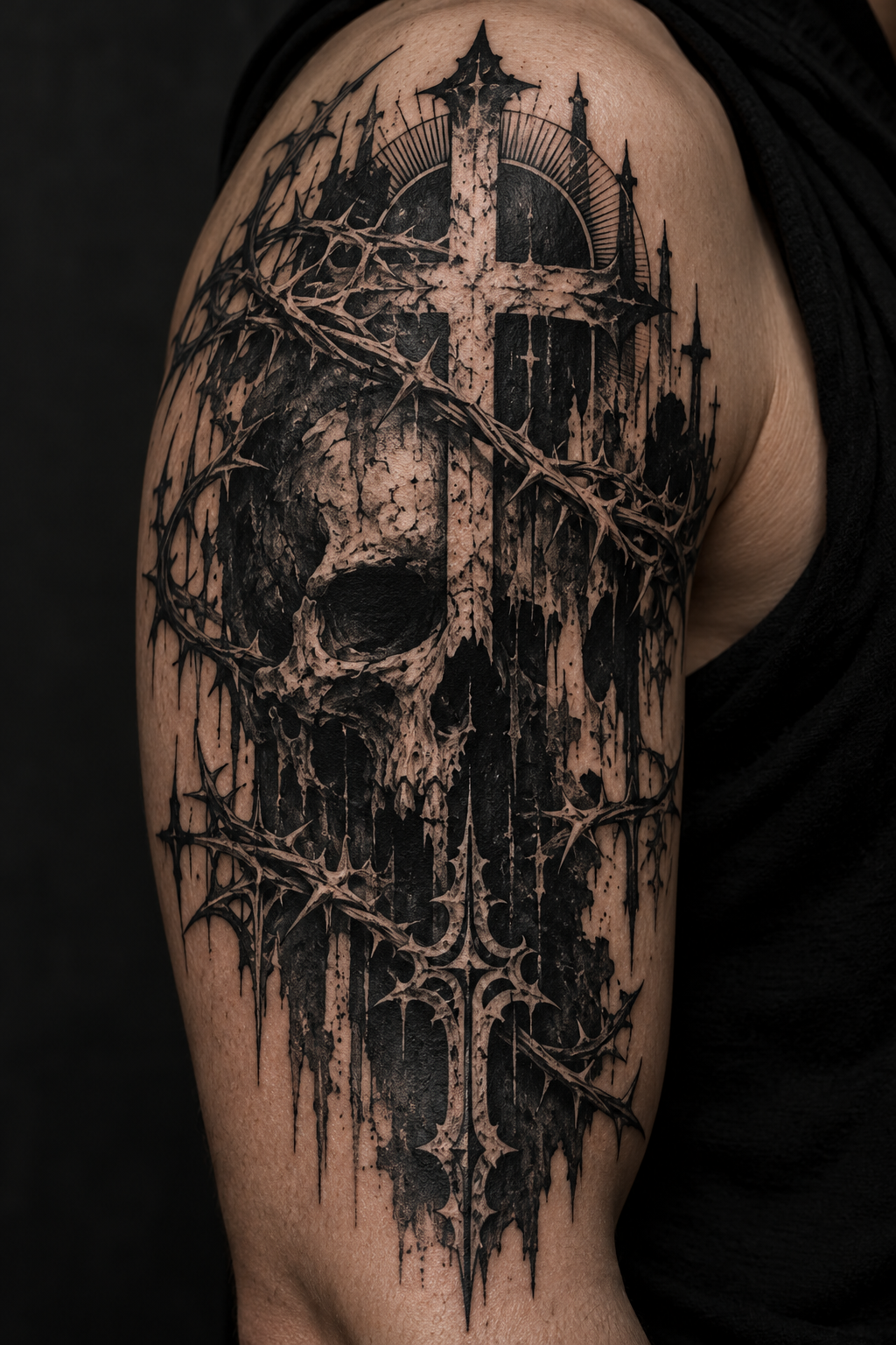The upper arm holds a large forgive tattoo with a skull gothic Christian tattoo idea