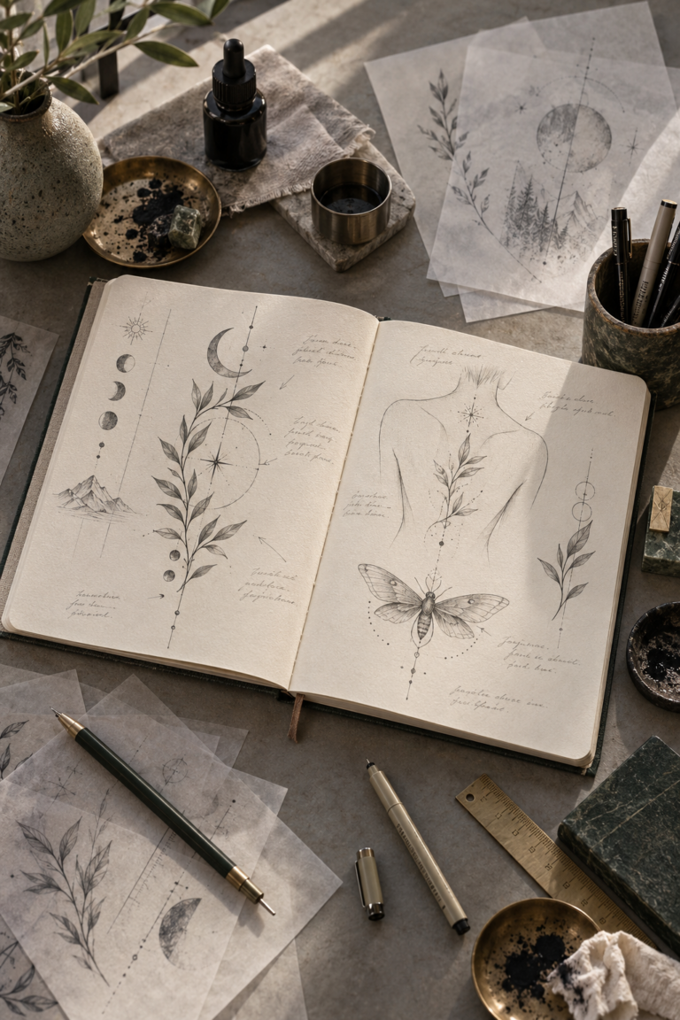 Tattoo consultation sketchbook for choosing the right tattoo design