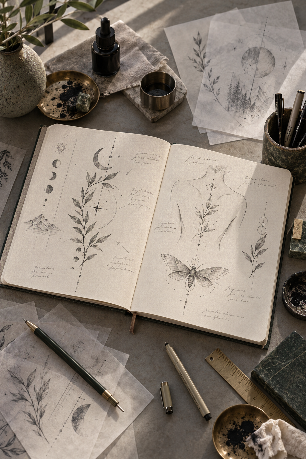 Tattoo consultation sketchbook for choosing the right tattoo design
