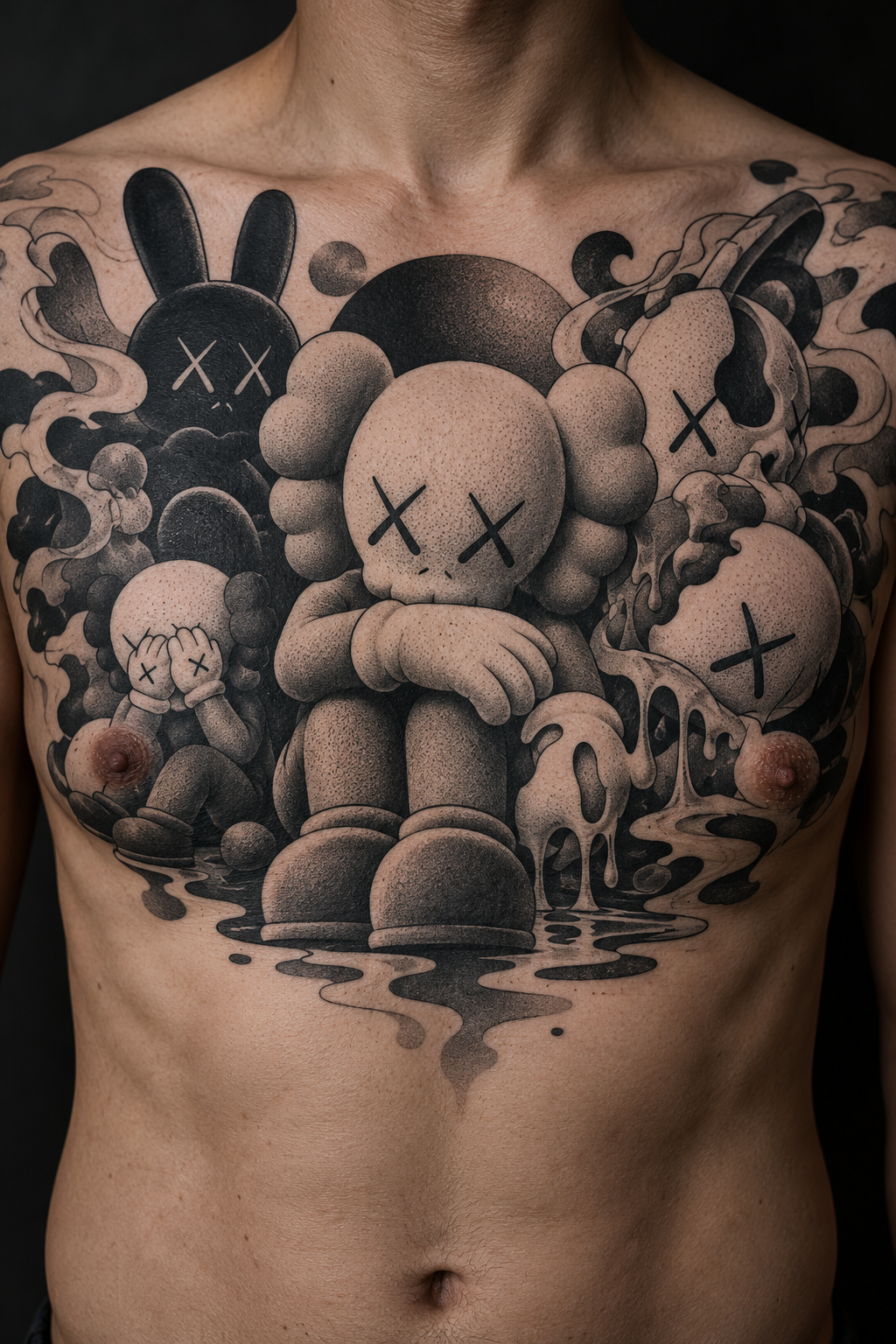 Large KAWS-inspired chest tattoo