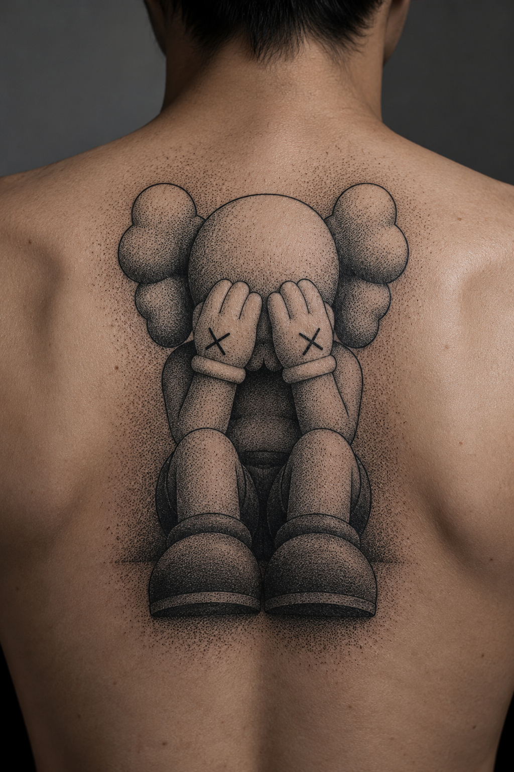 Dotwork KAWS-inspired back tattoo