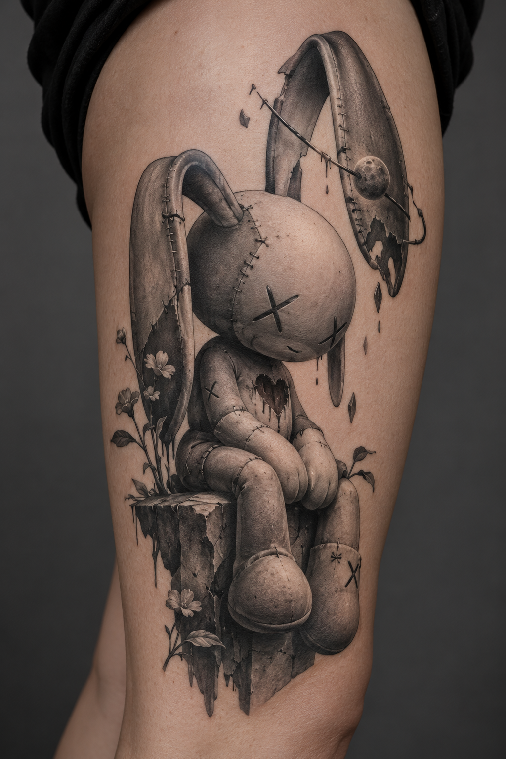 Black and grey KAWS-inspired leg tattoo