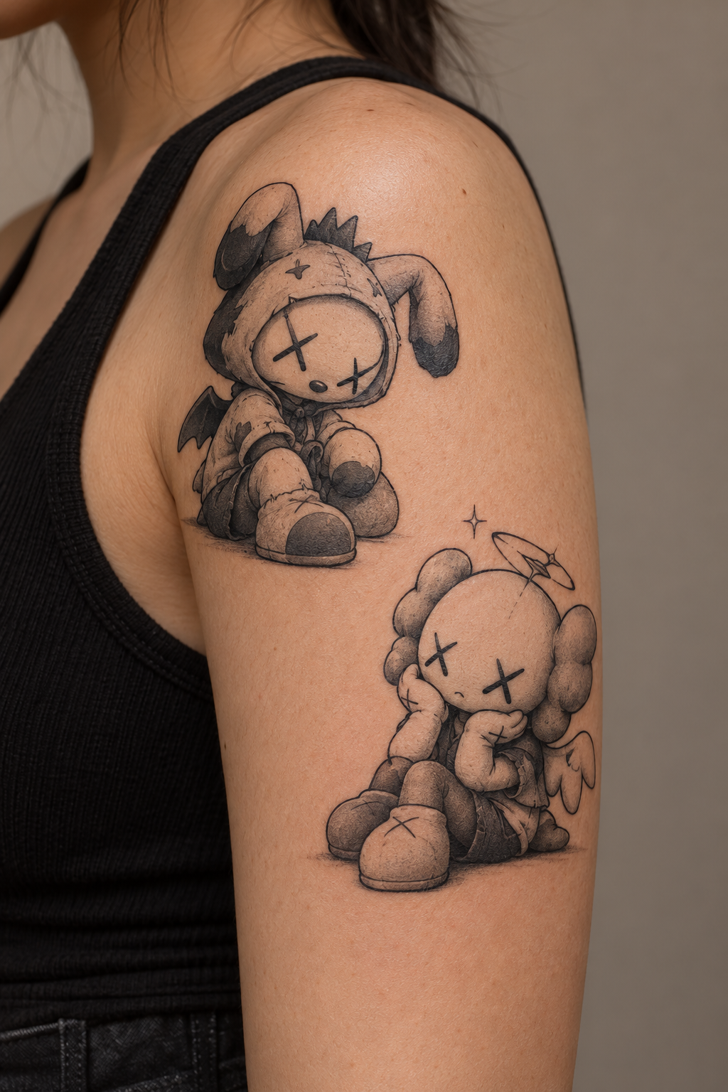 Paired KAWS-inspired shoulder tattoos