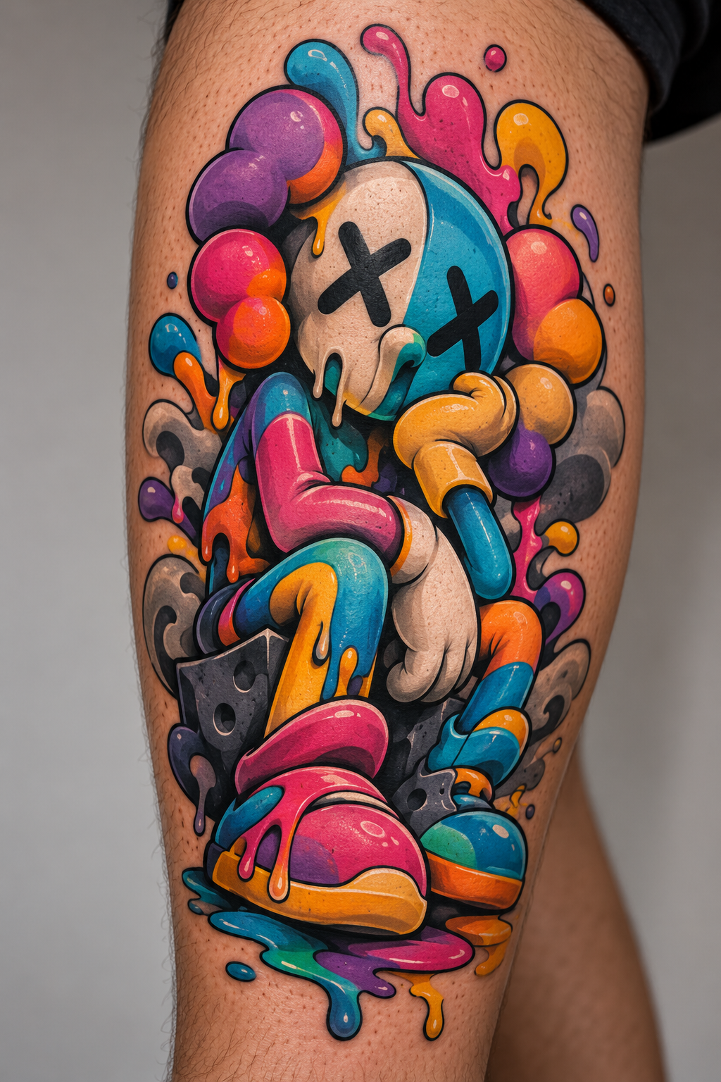 Colorful new-school KAWS-inspired tattoo
