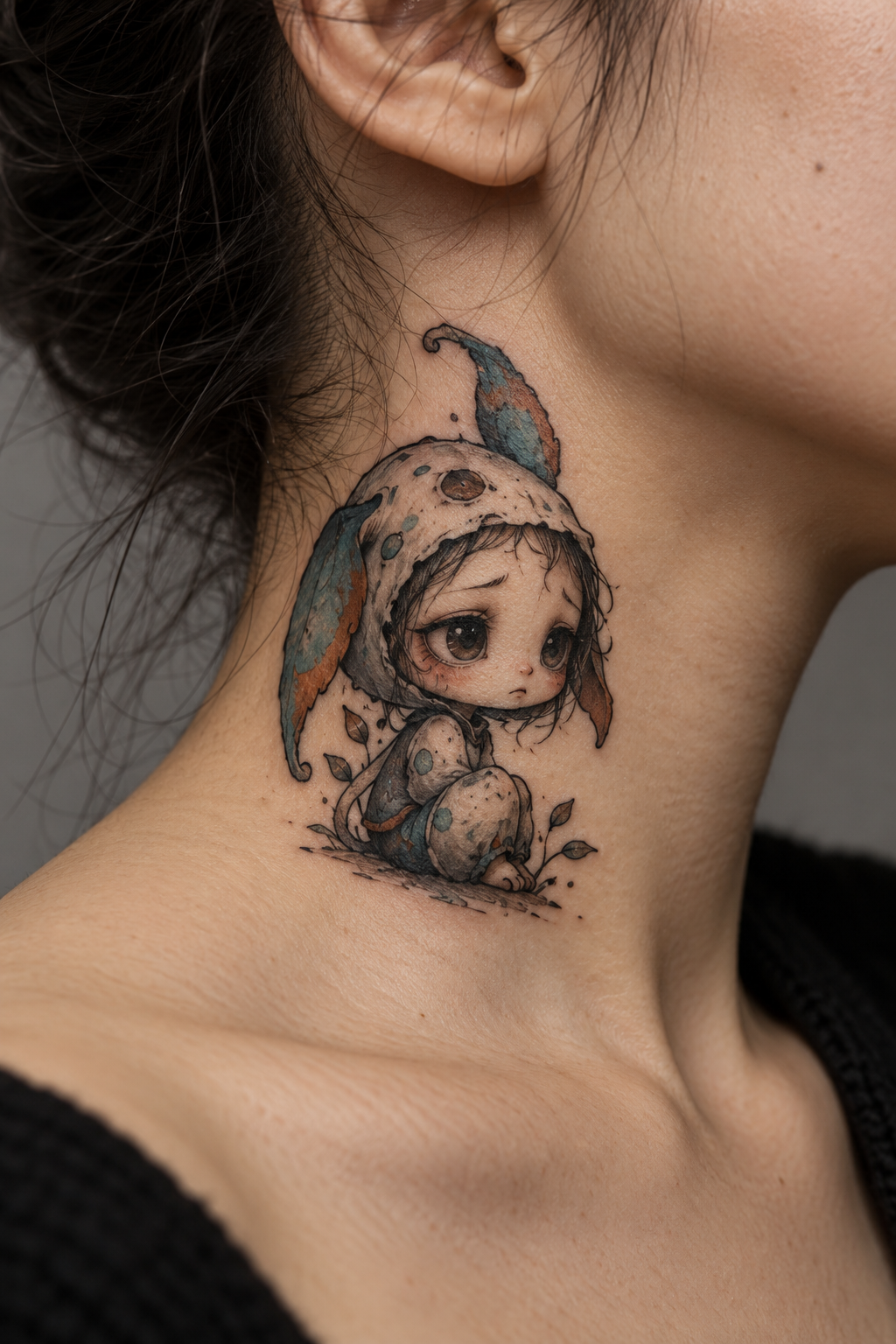 Sad KAWS-inspired neck tattoo