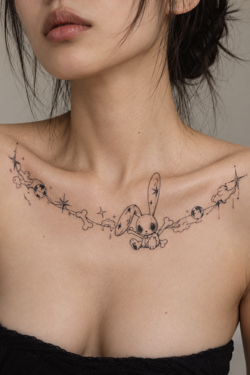 Fine-line KAWS-inspired collarbone tattoo