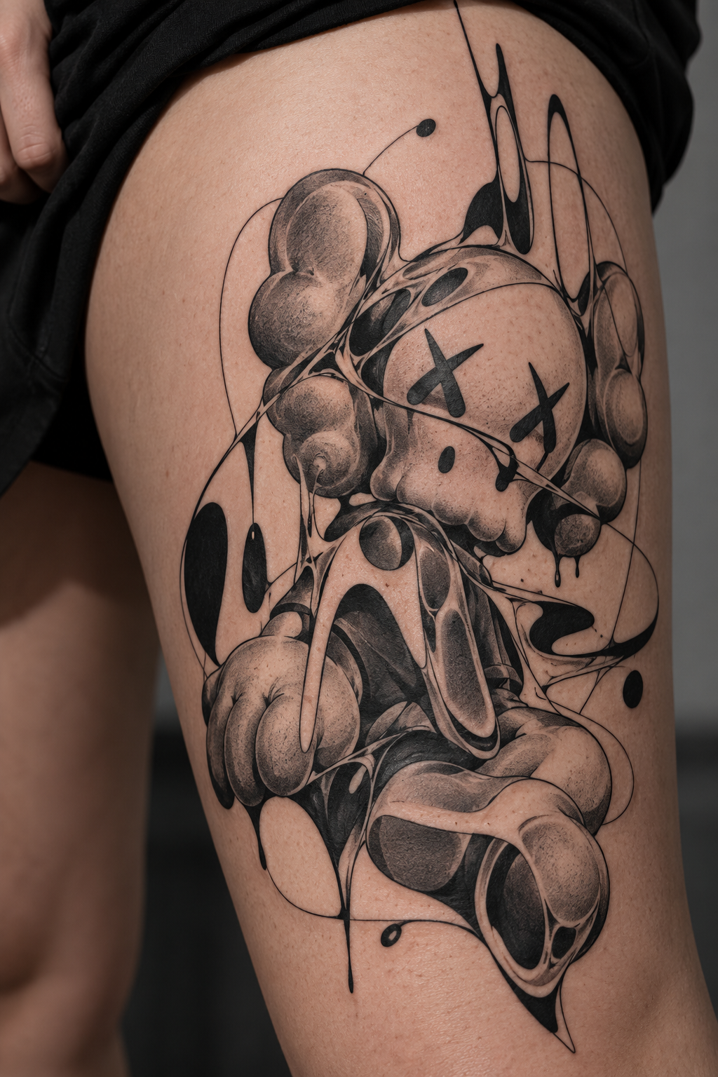 Abstract KAWS-inspired thigh tattoo