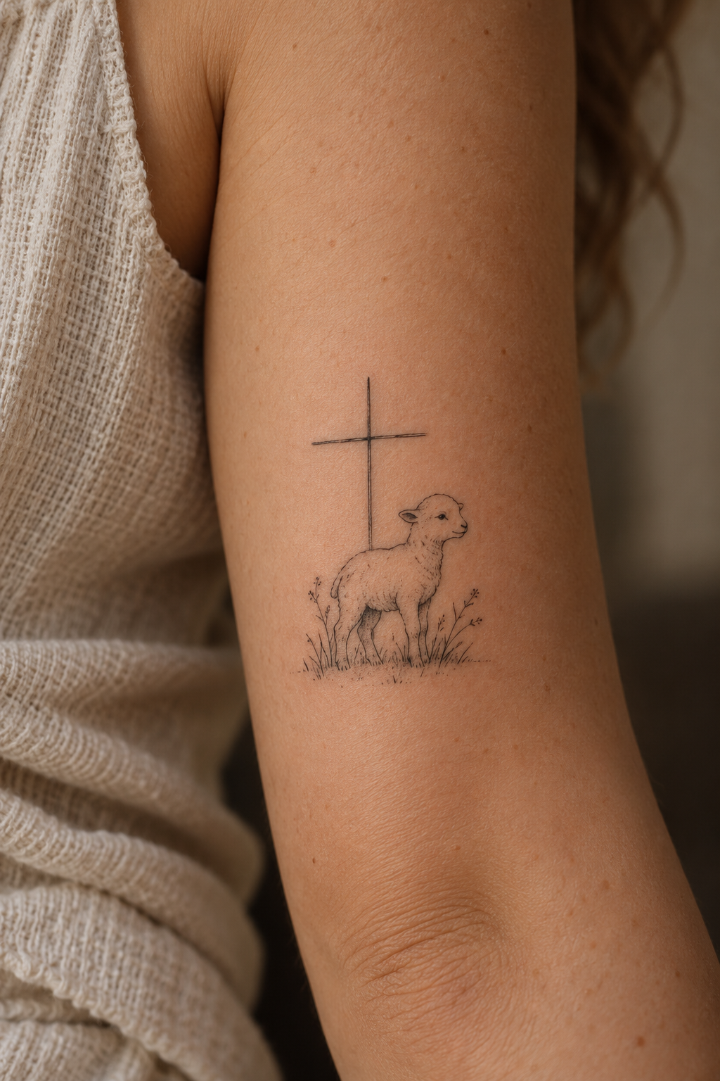 Sheep and Cross small Christian tattoo idea