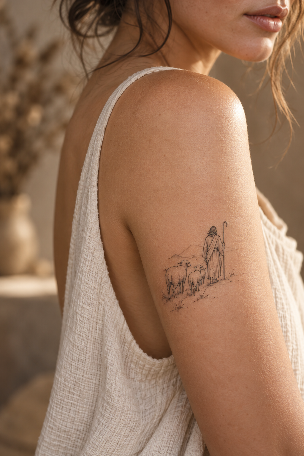 Minimal Shepherd Scene small Christian tattoo idea