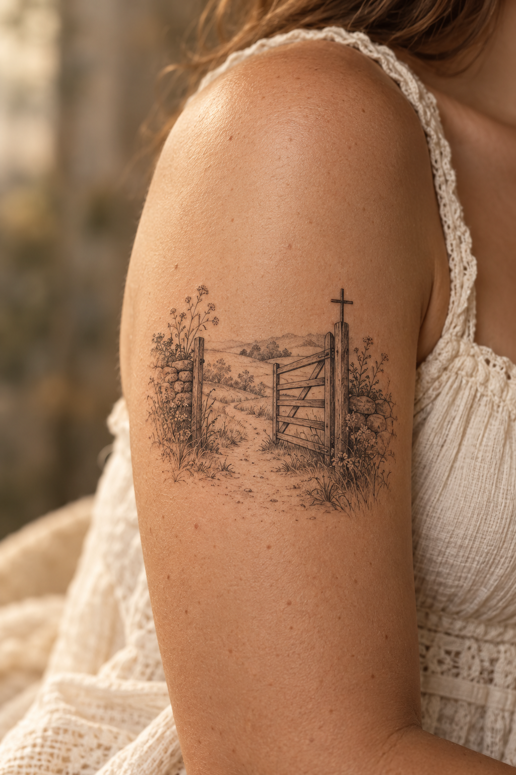 Open Pasture Gate small Christian tattoo idea