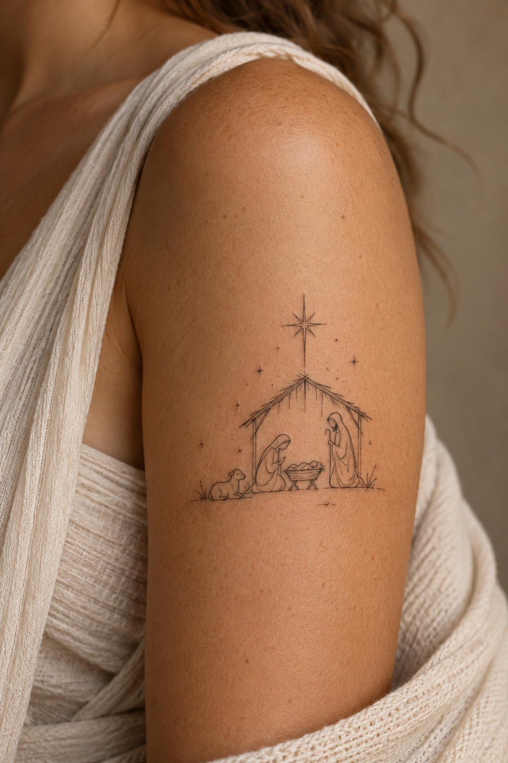 Minimal Manger Sheep small Christian tattoo idea