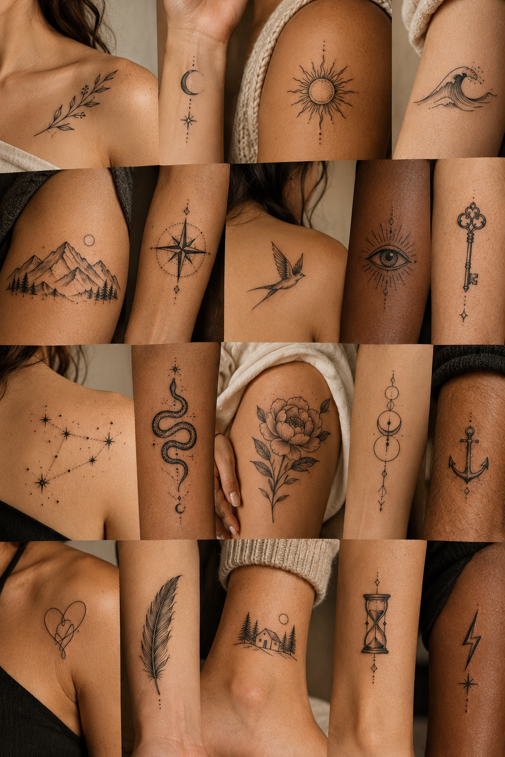 Meaningful tattoo ideas arranged in an editorial tattoo studio moodboard