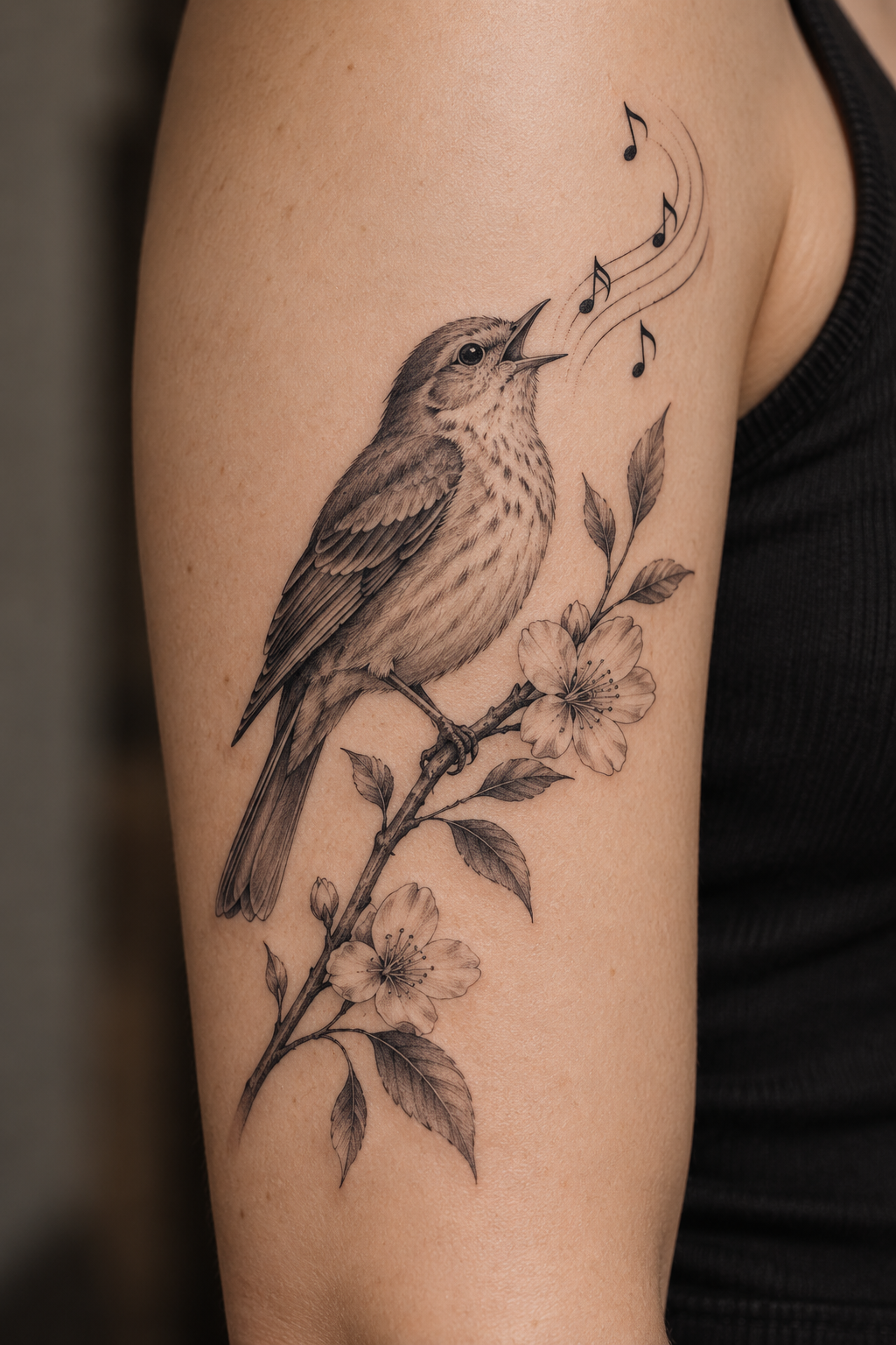 small music tattoos: singing bird with notes idea