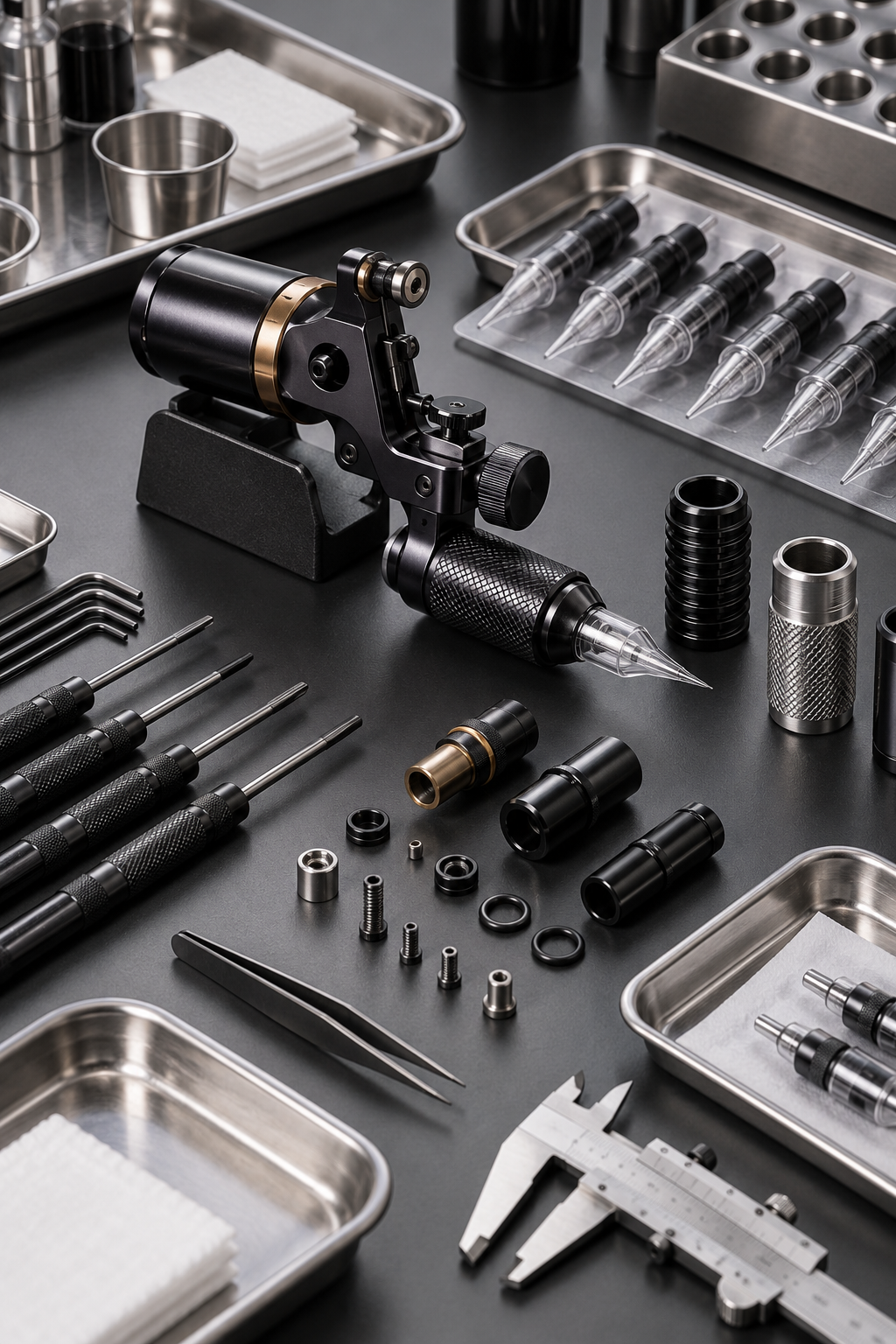 tattoo machine troubleshooting mechanical checkpoints on a clean studio bench