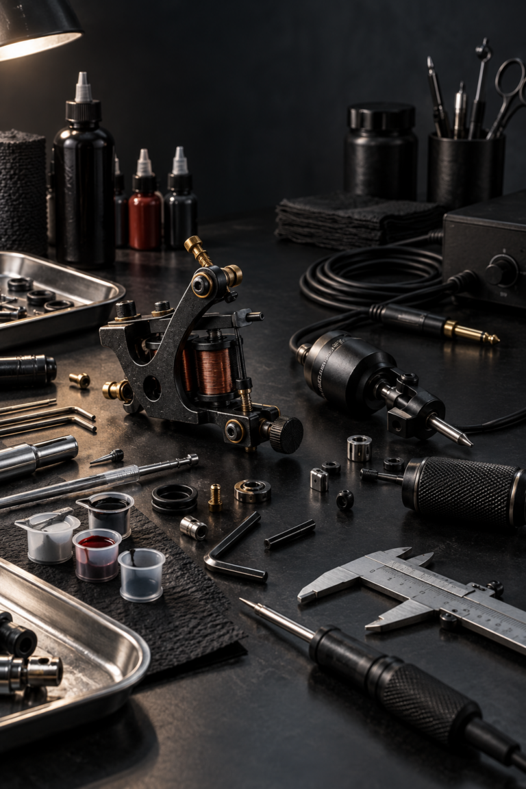 Tattoo machine troubleshooting in a moody studio